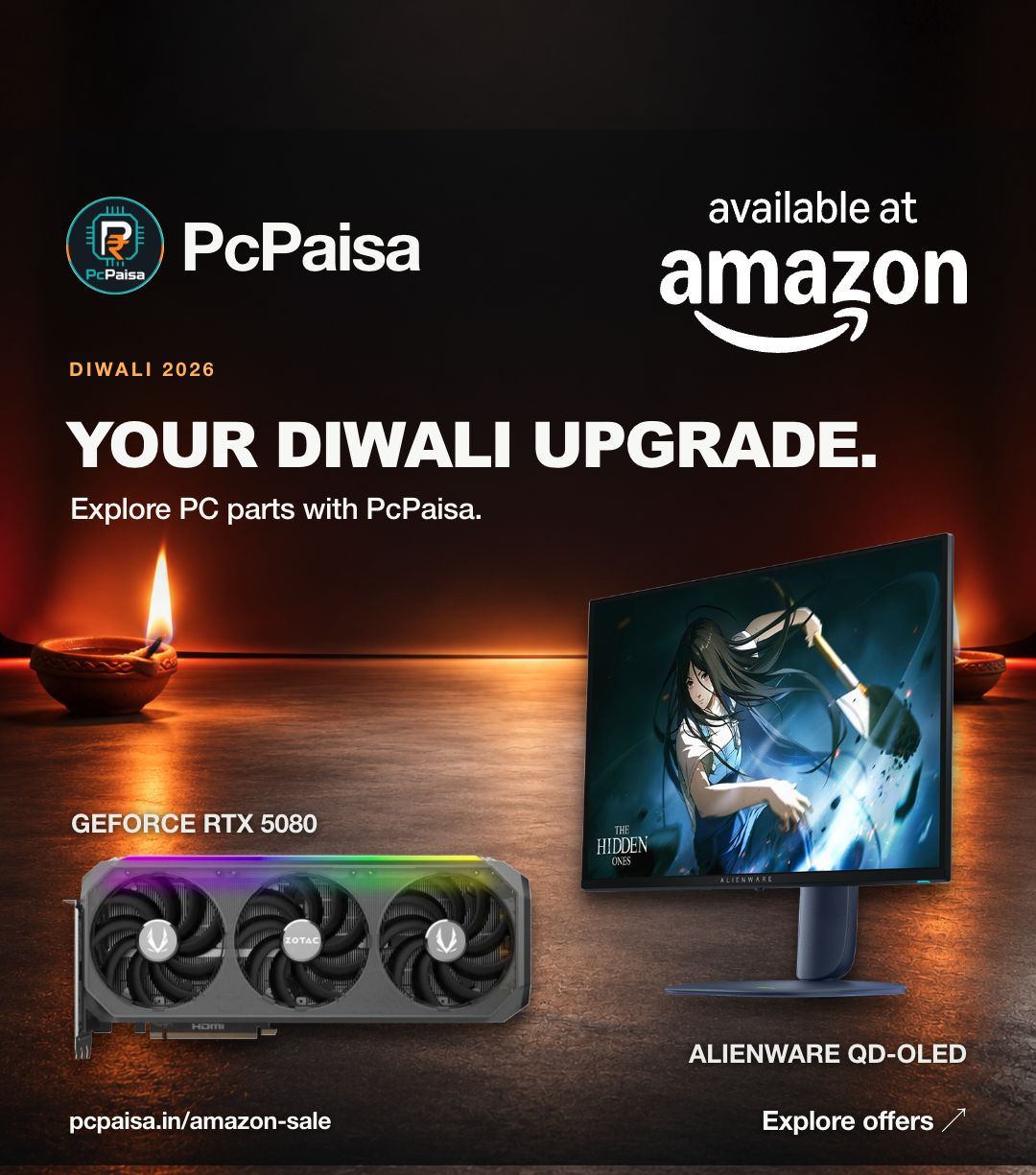 PcPaisa Diwali campaign artwork with the original PcPaisa logo and name, a ZOTAC RTX 5080 graphics card and an Alienware QD-OLED monitor. The priced offers in this article are separate LG and Acer monitors.