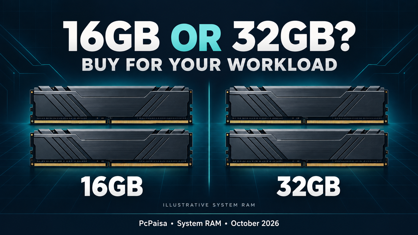 Original AI-generated PcPaisa graphic headed 16GB or 32GB? Buy for your workload. Two pairs of generic memory modules appear side by side, labelled 16GB and 32GB. The image marks the hardware as illustrative system RAM; the footer reads PcPaisa, System RAM, October 2026.