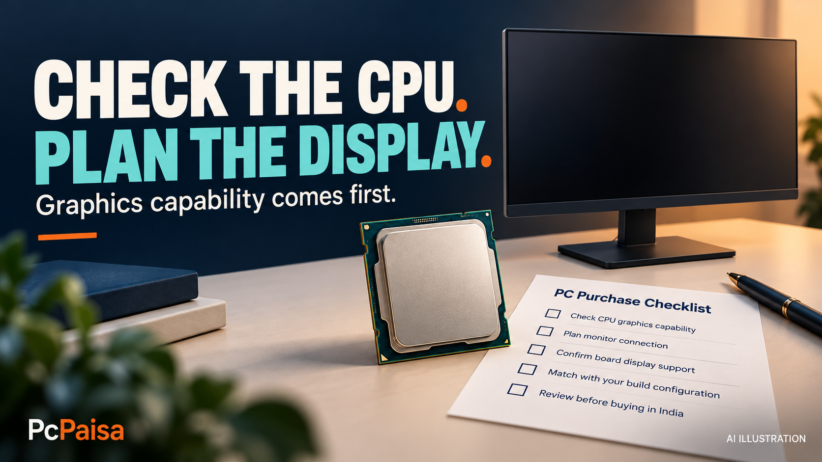 AI illustration of a generic CPU, blank monitor and display-planning checklist.