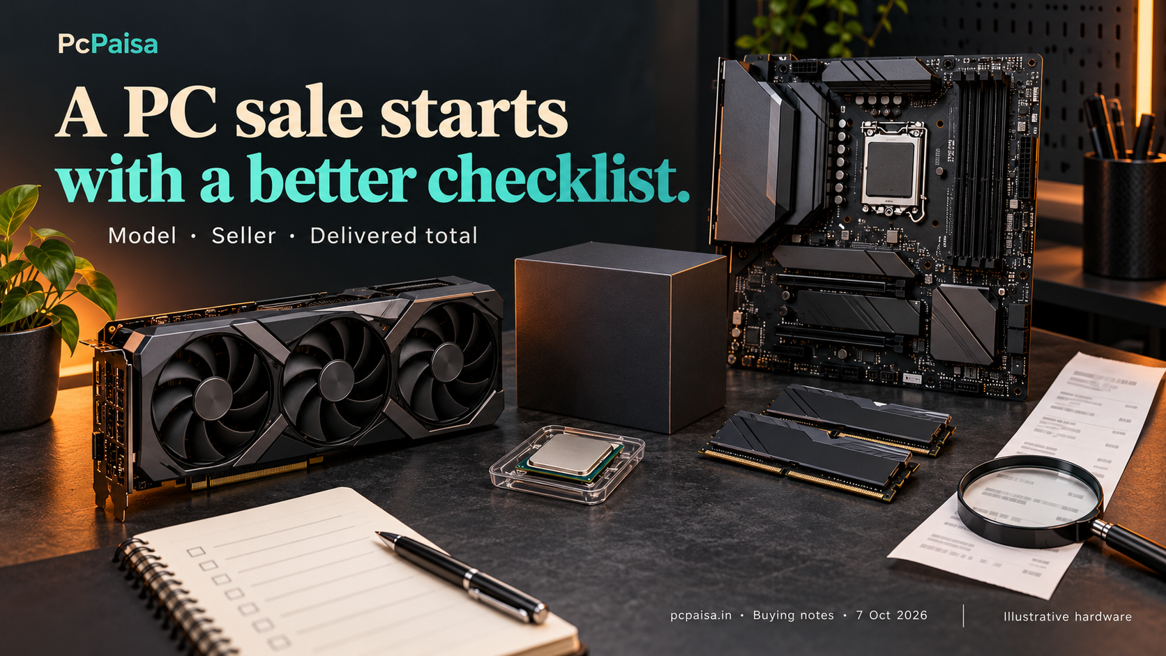 Original PcPaisa illustration headed A PC sale starts with a better checklist. Generic GPU, CPU, motherboard and RAM sit beside a checklist and receipt. Text highlights model, seller and delivered total.