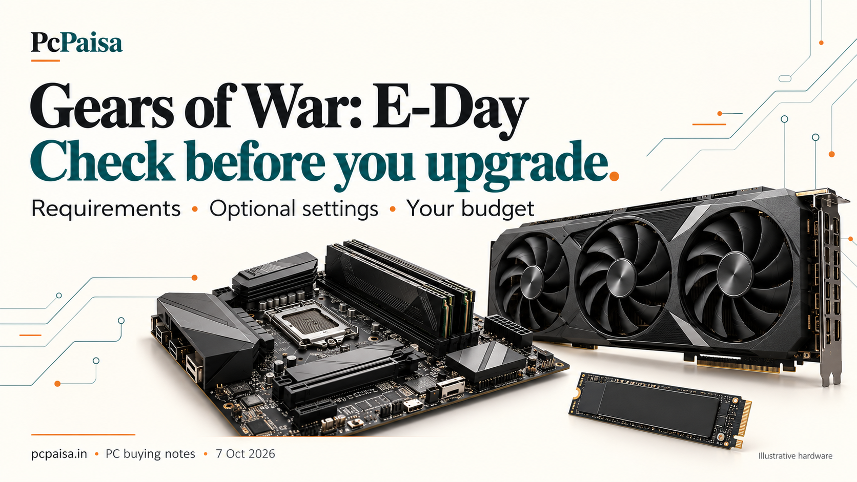 Original PcPaisa illustration headed Gears of War: E-Day: Check before you upgrade. Generic GPU, motherboard, RAM and SSD appear beneath the checks Requirements, Optional settings and Your budget.