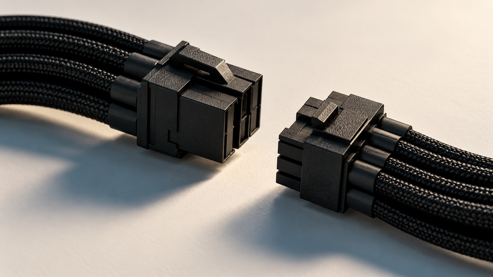 Concept illustration of two disconnected black modular power supply cable connectors on a pale studio surface