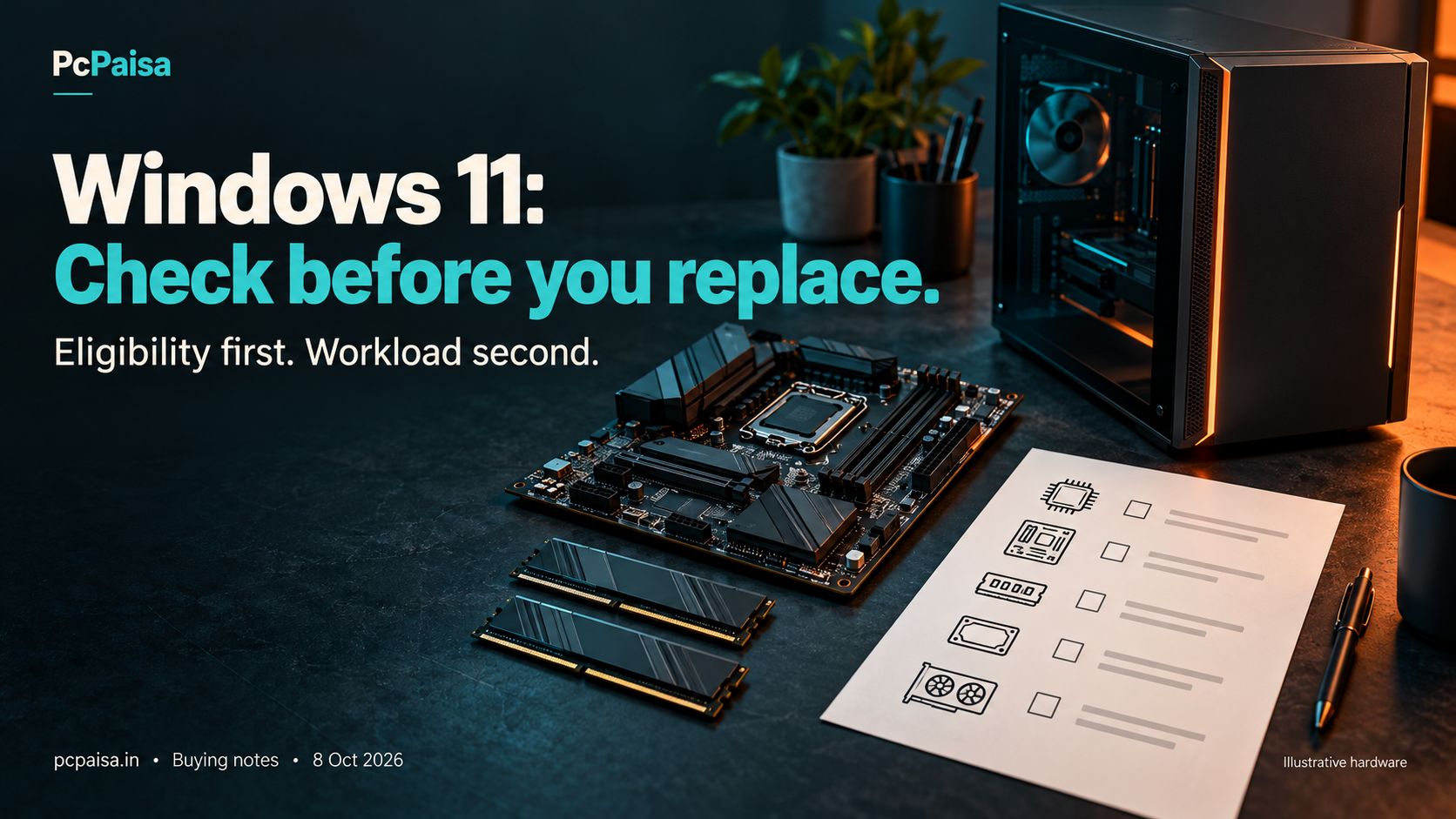 Original PcPaisa graphic headed Windows 11: Check before you replace, with the subtitle Eligibility first. Workload second. A generic desktop tower, motherboard and two RAM sticks sit beside an illustrated checklist. Dated 8 October 2026; hardware is illustrative.