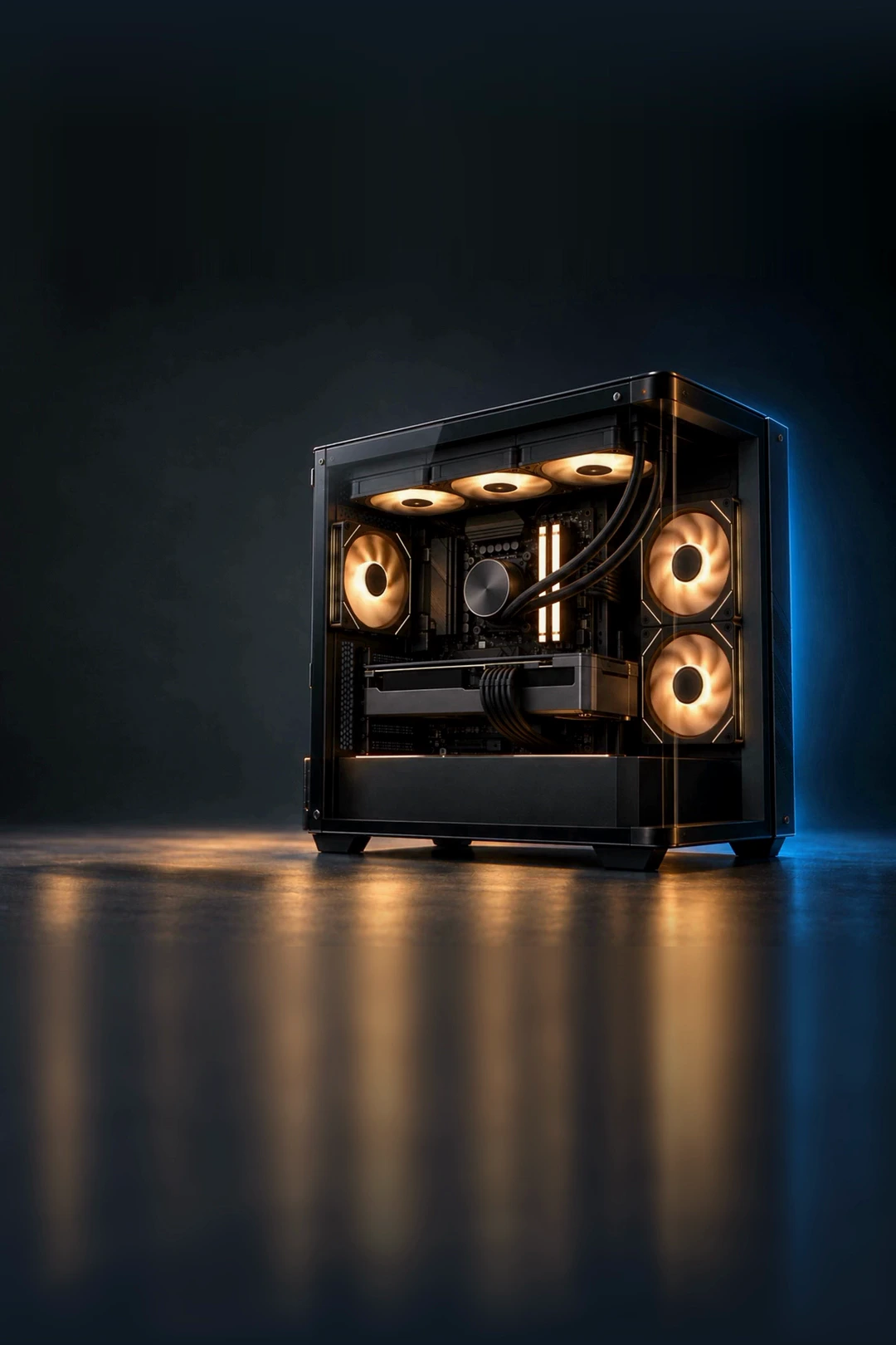 Illustrative unbranded PC components assembling in an amber and blue studio.